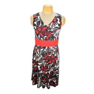 Danny and Nicole Floral Midi Dress Womens Large‎ Red Black White Tropical V-Neck